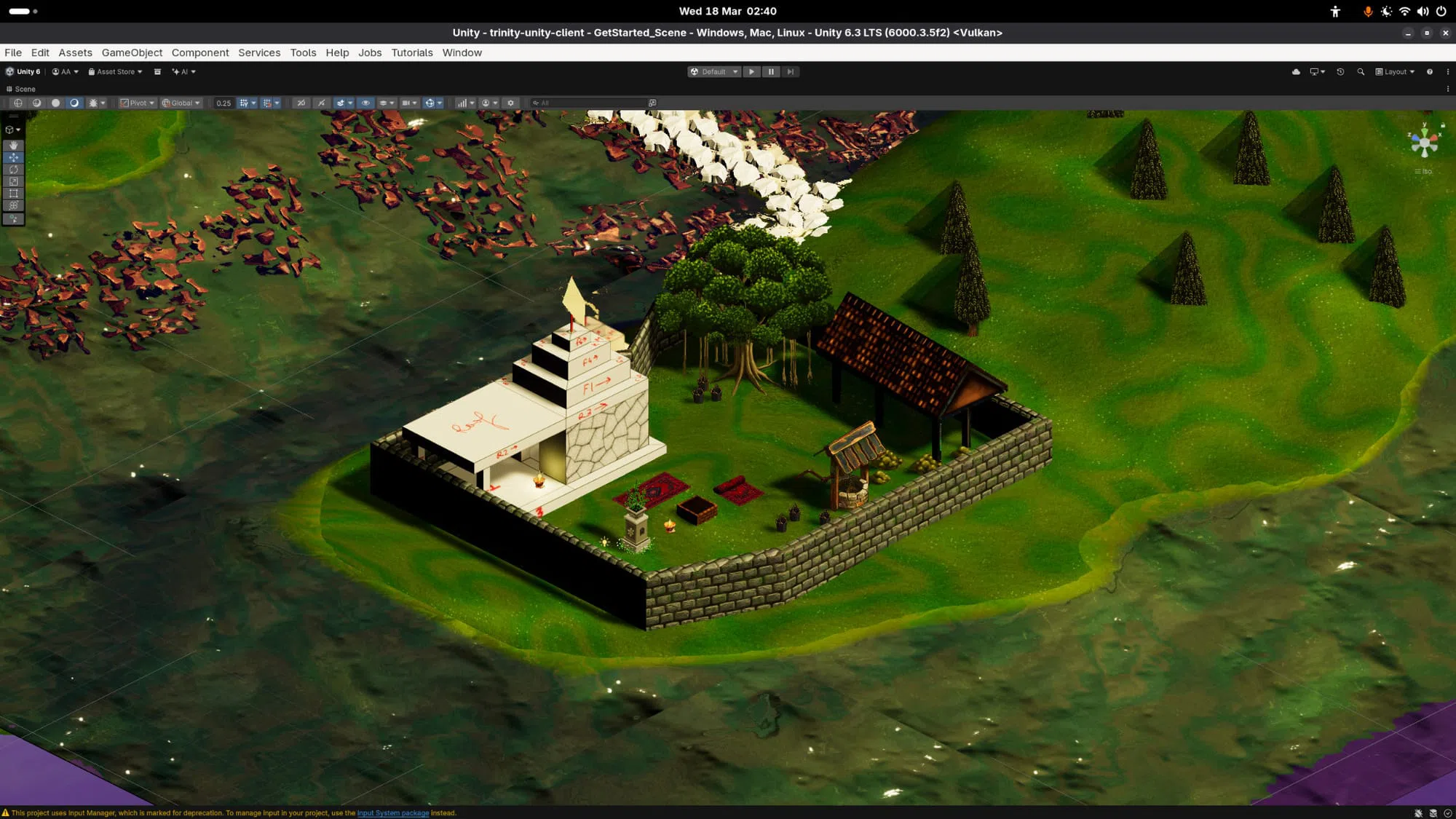 In-engine view of the first area: a white temple and a thatched pavilion inside a stone wall on a grassy hill