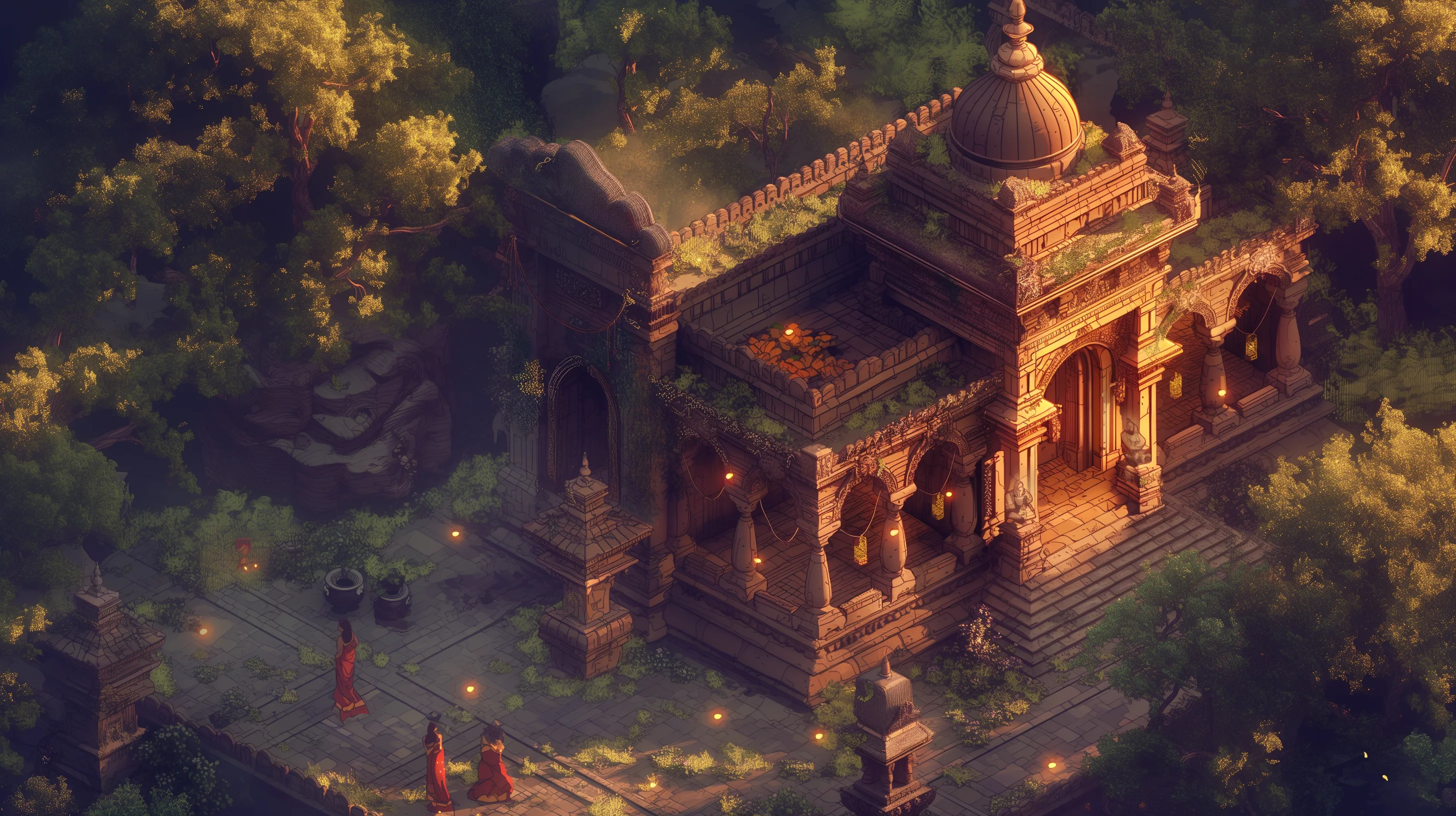 Grand ancient ashram courtyard