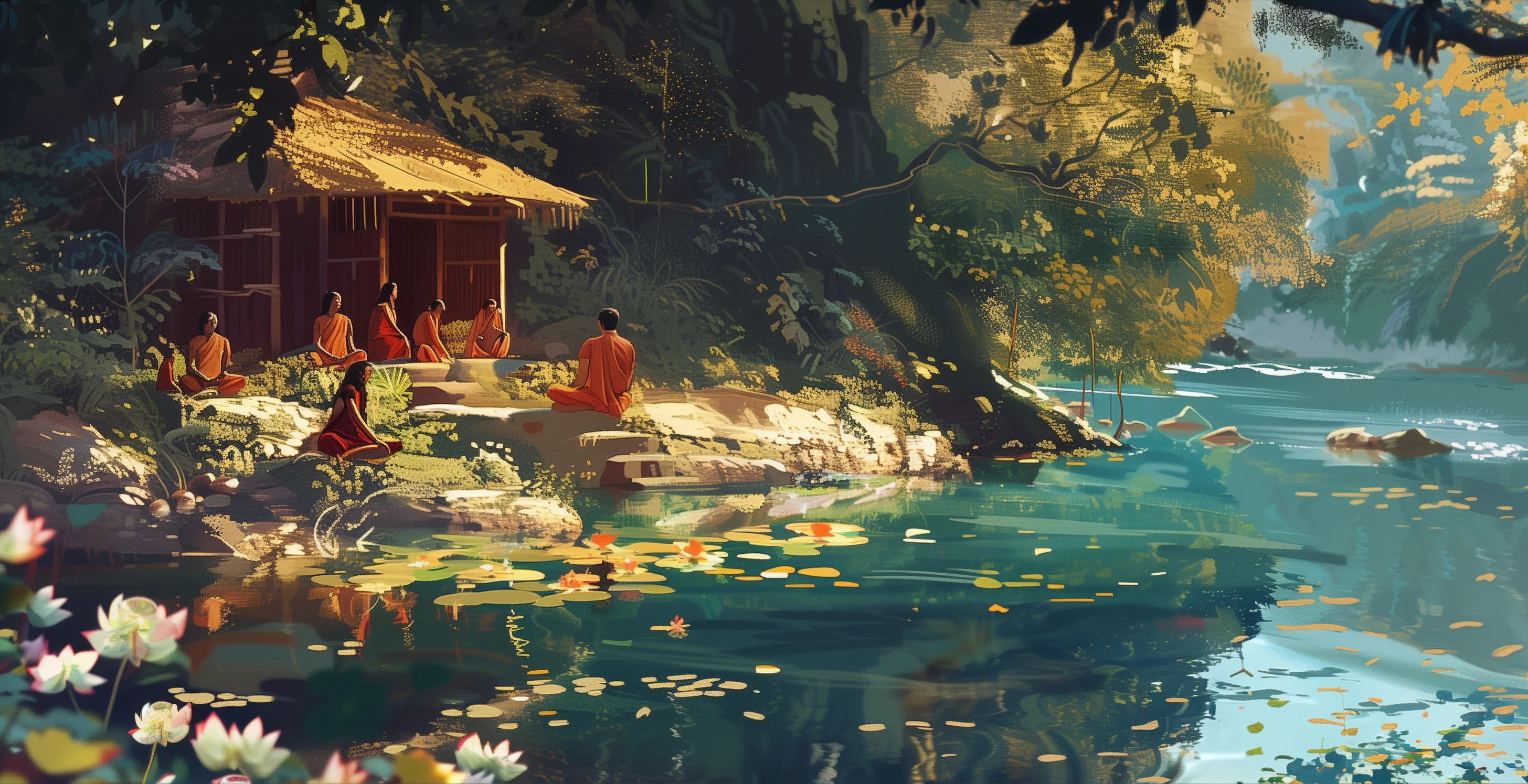 Rustic ashram of wood and thatch